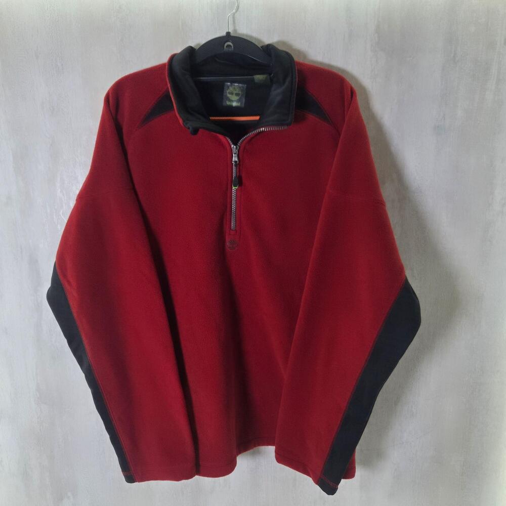 Timberland Sweatshirt Mens Large Red Fleece 1/4 Zip Pullover Mock Neck Logo